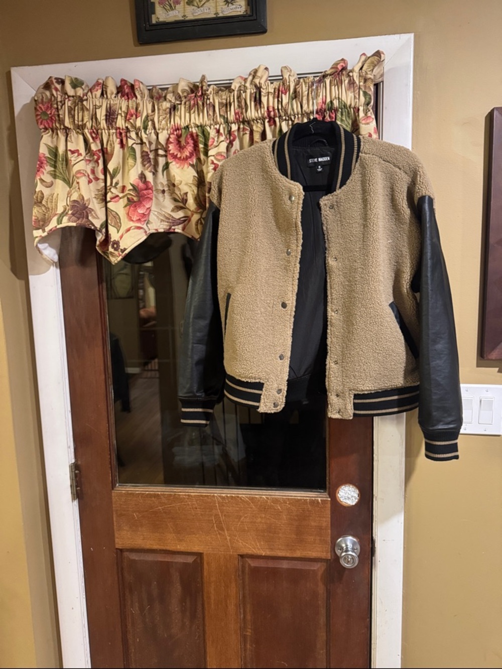 Steve Madden Tan Sherpa Jacket with Black Leather Sleeves
